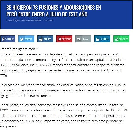 Se hicieron 73 fusiones y adquisiciones en Per entre enero a julio de este ao